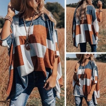 Chic Style 3/4 Sleeve Round Neck Irregular Hem Contrast Color Top