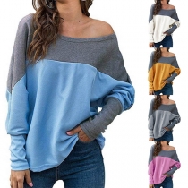 Fashion Contrast Color Dolman Sleeve Round Neck Loose T-shirt