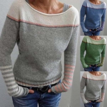 Fashion Contrast Color Long Sleeve Round Neck Knit Top
