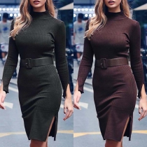 Elegant Solid Color Long Sleeve Mock Neck Slit Hem Slim Fit Knit Dress