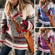 Cute Elk Printed Long Sleeve Round Neck Knit Cardigan