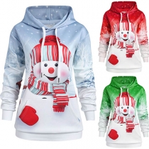 Cute Snowman Printed Long Sleeve Hooded Color Gradient Sweatshirt