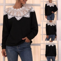 Sexy Hollow Out Lace Spliced Long Sleeve Round Neck Top