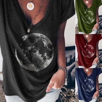 Simple Style Short Sleeve V-neck Printed T-shirt