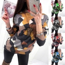 Fashion Contrast Color Long Sleeve High Collar T-shirt