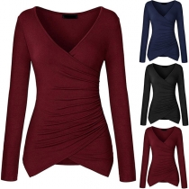 Sexy V-neck Long Sleeve Irregular Hem Solid Color T-shirt