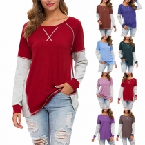 Fashion Contrast Color Long Sleeve Round Neck Loose T-shirt