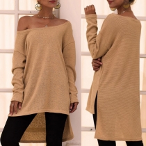 Sexy Off-shoulder Long Sleeve High-low Hem Solid Color Knit Top