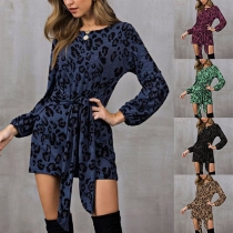 Fashion Leopard Printed Long Sleeve Round Neck Lace-up Dress