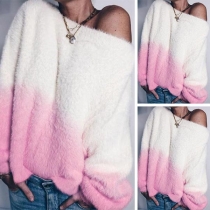 Sexy Oblique Shoulder Long Sleeve Contrast Color Plush Top