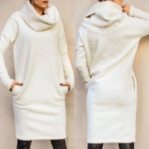 Fashion Solid Color Long Sleeve Turtleneck Sweatshirt Dress
