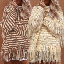Fashion Long Sleeve Turtleneck Tassel Striped Sweater