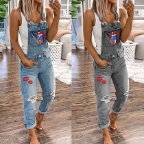 Chic Style Red-lip Printed Ripped Denim Overalls
