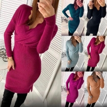 Fashion Solid Color Long Sleeve V-neck Slim Fit Knit Dress