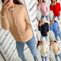 Fashion Solid Color Long Sleeve Round Neck Knit Cardigan