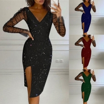 Sexy See-through Lace Spliced Long Sleeve Round Neck Slim Fit Dress