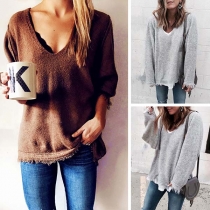 Fashion Solid Color Long Sleeve V-neck Tassel Hem Knit Top