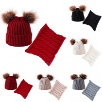 Fashion Hairball Spliced Children Knit Beanies + Infinity Scarf Two-piece Set