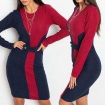 Fashion Contrast Color Long Sleeve Round Neck Slim Fit Dress