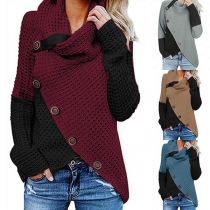 Fashion Contrast Color Cowl Neck Irregular Hem Front-button Knit Top