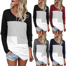 Fashion Contrast Color Long Sleeve V-neck Striped Spliced T-shirt
