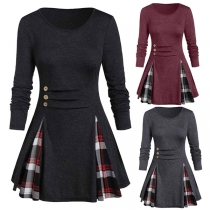 Fashion Plaid Spliced Hem Long Sleeve Round Neck Dress