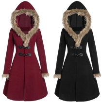 Fashion Faux Fur Spliced Hooded Horn Button Coat