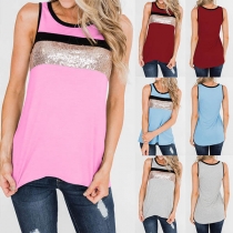 Fashion Contrast Color Sequin Spliced Slim Fit Tank Top