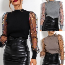 Sexy Colorful Dots Gauze Spliced Long Sleeve Mock Neck Slim Fit Top