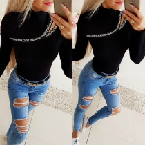 Sexy Hollow Out Letters Printed Long Sleeve Mock Neck Slim Fit Top