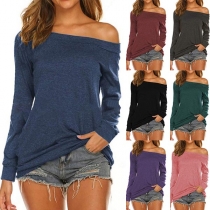 Sexy Of-shoulder Boat Neck Long Sleeve Solid Color T-shirt