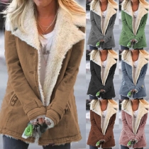 Fashion Solid Color Notched Lapel Thin Plush Lining Padded Coat