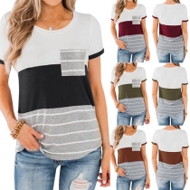 Fashion Contrast Color Striped Spliced Short Sleeve Round Neck T-shirt