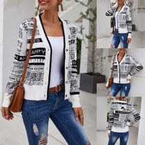 Fashion Letters Printed Long Sleeve V-neck Knit Cardigan