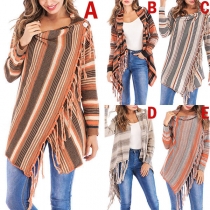 Fashion Contrast Color Striped Tassel Shawl Cardigan