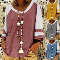 Fashion Contrast Color 3/4 Sleeve Round Neck Loose T-shirt