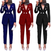 OL Style Solid Color Double-breasted Blazer + Suit Pants Two-piece Set