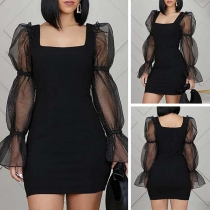 Sexy Gauze Spliced Puff Sleeve Square Collar Slim Fit Dress