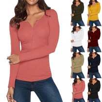 Sexy V-neck Long Sleeve Solid Color Slim Fit T-shirt