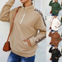 Fashion Leopard Spliced Long Sleeve Stand Collar Plush Sweatshirt