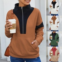 Fashion Contrast Color Long Sleeve Stand Collar Plush Sweatshirt