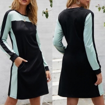 Fashion Contrast Color Long Sleeve Round Neck Dress