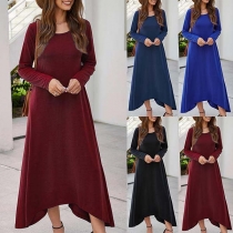 Fashion Solid Color Long Sleeve Round Neck Irregular Hem Dress