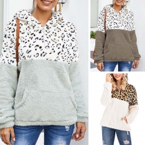 Fashion Leopard Spliced Long Sleeve Hooded Plush Sweatshirt