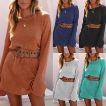 Simple Style Long Sleeve Round Neck Solid Color Knit Dress