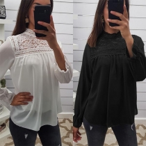 Sexy Hollow Out Lace Spliced Mock Neck Long Sleeve Loose Top
