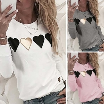 Fashion Heart Patched Long Sleeve Round Neck Top(It runs small)
