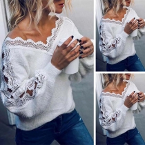 Sexy Lace Spliced Long Sleeve V-neck Loose Top