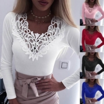 Sexy Lace Spliced V-neck Long Sleeve Solid Color Slim Fit T-shirt