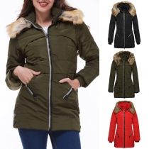 Fashion Solid Color Faux Fur Spliced Hooded Slim Fit Padded Coat